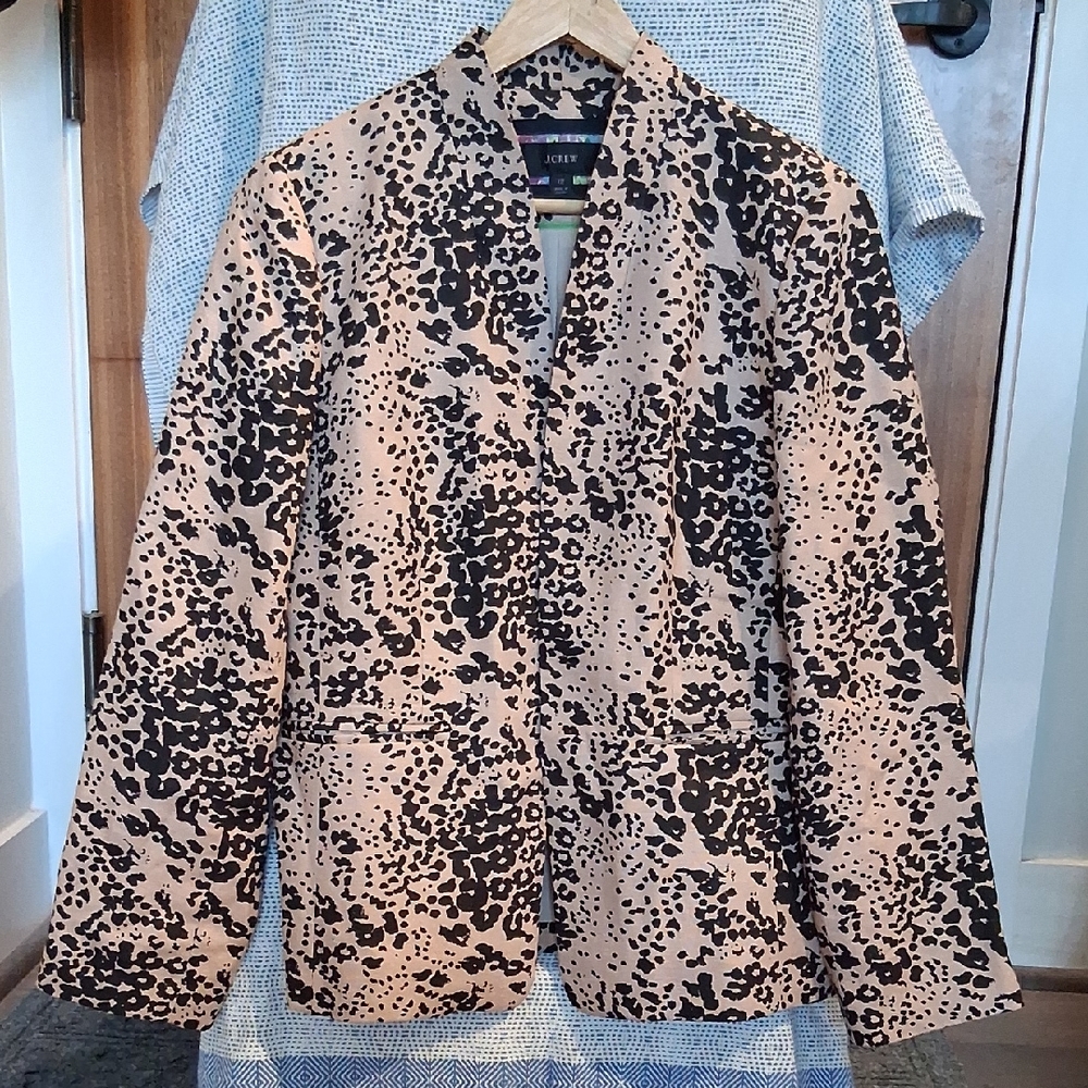 J. Crew Tan and Black Leopard Print Going Out Blazer 12 Linen Lyocell Summer